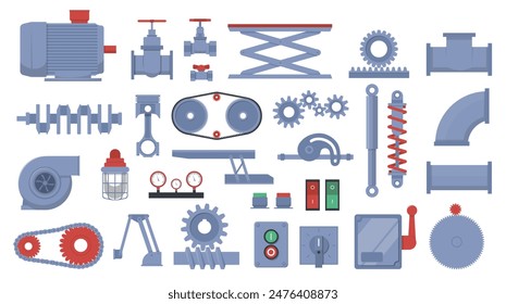 Machine parts. Different mechanical details. Metal gears. Pipe valves. Engine pump levers or hinges. Engineering equipment. Technical or robots components. Steampunk