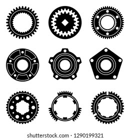 Machine parts. Gear, flange and synchro hub. Vector illustration