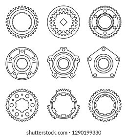 Machine parts. Gear, flange and synchro hub. Thin icons