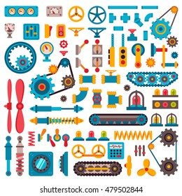 Machine Parts Gears Different Mechanism Vector Illustration. Robotic Auto Construction Elements Construction. Technical Gears, Pinion, Adapter, Shaft, Joints