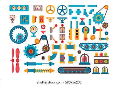 Machine Parts Gears Different Mechanism Vector Illustration. Robotic Auto Construction Elements Construction. Technical Gears, Pinion, Adapter, Shaft, Joints