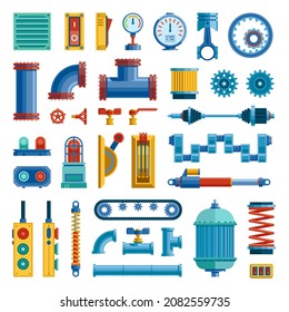 Machine parts. Mechanical details and robots components. Workshop equipment and accessories. Gears, buttons or levers. Pipes and measuring barometers. Vector mechanism elements set