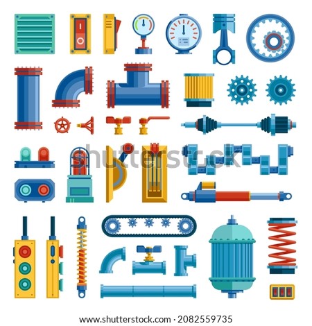 Machine parts. Mechanical details and robots components. Workshop equipment and accessories. Gears, buttons or levers. Pipes and measuring barometers. Vector mechanism elements set