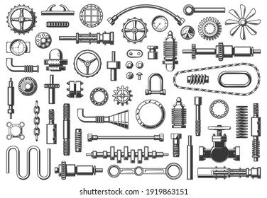 Machine parts vector icons chain, pipe and coupling, gear or pinion. Monochrome clamp, nut, crankshaft and timing belt with steering screw, hose and funnel. Isolated pressure gauge and spring set
