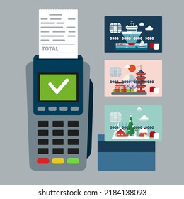 Machine for payment of credit card. NFC cashless transaction concept. Vector flat illustration