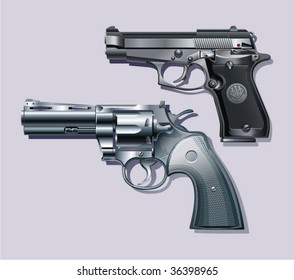 Machine pistol and revolver.