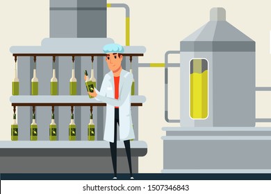 Machine pouring Oil in bottles, flat vector illustration. Factory employee in white coat control pouring in bottles manufacturing process cartoon character. Virgin olive oil production, worker check bottles
