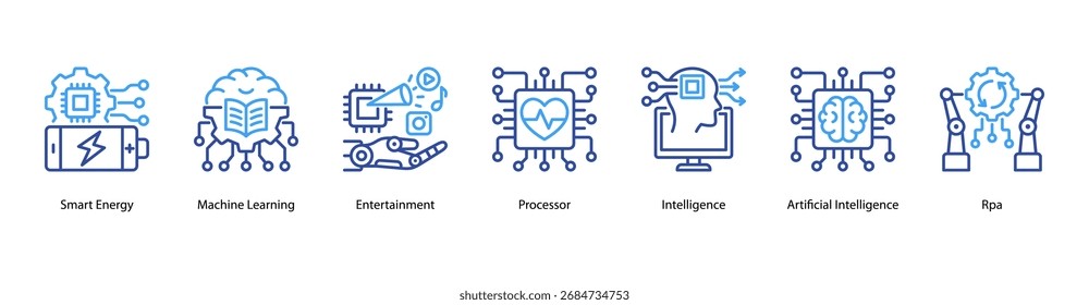 Ilustração vetorial do ícone de banner da Web Machine Power com Smart Energy, Machine Learning, Entertainment, Processor, Intelligence, Artificial Intelligence e RPA.