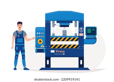 Machine press and operator isolated. Forming press. Industrial equipment flat vector illustration.