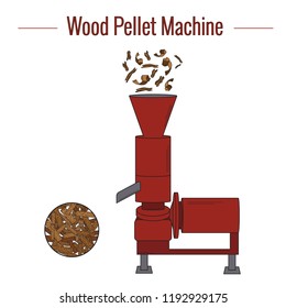 Machine for the production of wood pellets used for processing (pressing) wood waste for the production of boiler fuel. Colored vector illustration. The icon.