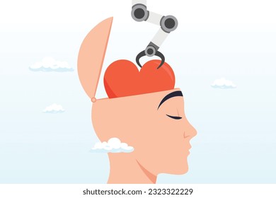 Machine put positive heart shape into human brain, emotional intelligence ability to understanding emotions and control self positive way, balance between heart and brain, reason and emotion (Vector)