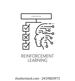 Machine reinforcement learning, AI artificial intelligence algorithm icon. Artificial intelligence future technology, robotic learning algorithm, computer innovation line vector icon with android face