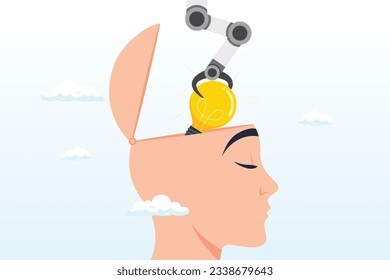 Machine robot arm put bright light bulb idea in human head metaphor of invent new idea,invent new idea or innovation, knowledge,  new skill to achieve work success, creativity and imagination (Vector)