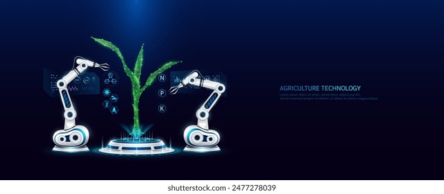 Machine robot arms operating green seedling corn on podium with  icon Sun, Water drop, Cloud and Minerals. Smart farm applying technology in cultivation agriculture industry. Banner vector EPS10.