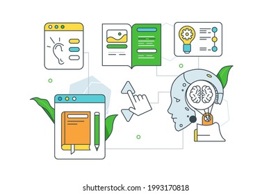 Machine robot learning new information vector illustration. Tasks for development flat style. Artificial intelligence, digital brain concept