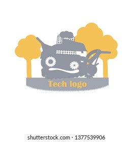 Machine saw for felling and chopping of trees, the tractor, cleaning the unit and maintenance unit. Icon, logo, vector illustration