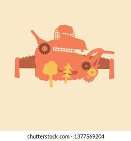 Machine saw for felling and chopping of trees, the tractor, cleaning the unit and maintenance unit. Icon, logo, vector illustration