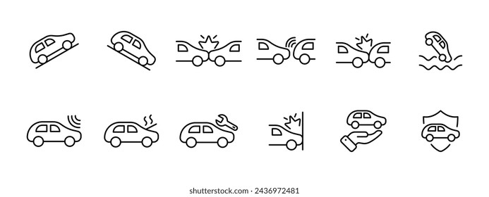 Icono de conjunto de máquinas. Elevar y bajar el coche, la cabeza en la colisión, parada oportuna, accidente. El coche se hunde, se recalienta, choca contra un obstáculo, reparando el coche. Protección del transporte. Icono de línea vectorial.