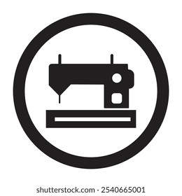 Machine sewing vector black icon. Vintage vector illustration stitched on circle black and white background. Isolated black illustration icon of sewing machine.