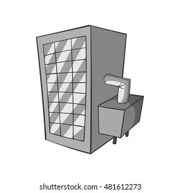 Machine spilling beer icon in black monochrome style isolated on white background. Production of beer symbol vector illustration