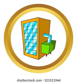 Machine spilling beer vector icon in golden circle, cartoon style isolated on white background