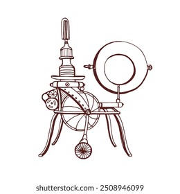 Machine in steampunk vintage style. Industrial mechanical machinery with gears and retro-futuristic technology. Engineering equipment. Hand-drawn vector illustration isolated on white background