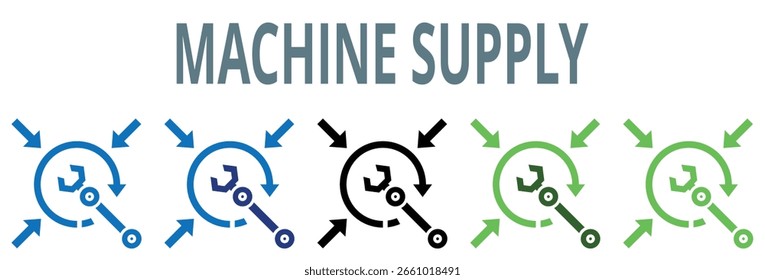 conjunto de ícones de suprimento de máquina. contém ícone, vetor, ilustração, maquinário, ordens, máquina, suprimento, ferramentas, equipamento, distribuição