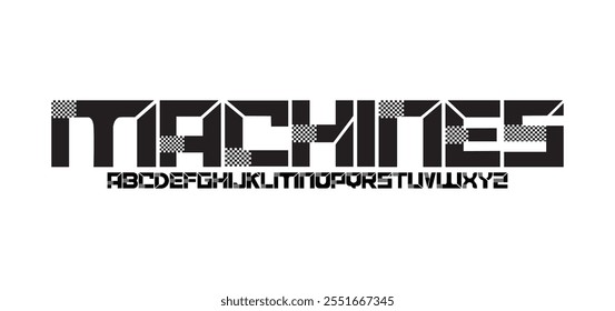 Machine, Technology font. Geometric, sport, futuristic, future alphabet. Cool letters and numbers for military, industrial, hi-tech logo design. Modern minimalistic vector abc typeface
