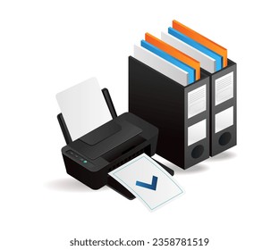 A machine that prints a lot of data flat isometric illustration