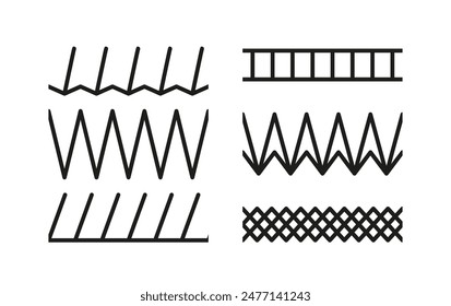 Machine thread sew brushes set. Collection of seamless sewing stitches. Overlock embroidery seams. Simple zigzag elements vector illustration. Line border isolated on white background.