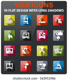 machine tools icons set in flat design with long shadow