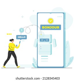 Machine Translation, Flat Vector Illustration. Artificial Intelligence AI Chatbot Translator.