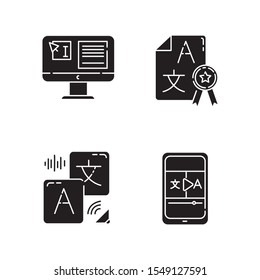 Machine translation glyph icons set. Audio and video instant online translator. Text editing. Quality control. Certified translation, DTP services. Silhouette symbols. Vector isolated illustration