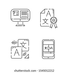 Machine Translation Linear Icons Set. Audio And Video Translator. Text Editing. Certified Translation, DTP Services. Thin Line Contour Symbols. Isolated Vector Outline Illustrations. Editable Stroke