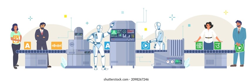 Machine translation process, flat vector illustration. Ai, robot machines translating content from one foreign language to another. Electronic foreign language translator.