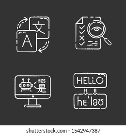 Machine translation services chalk icons set. Instant online translation. Multilingual chatbot. Artificial intelligence. Transcription and proofreading. Isolated vector chalkboard illustrations