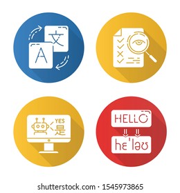 Machine translation services flat design long shadow glyph icons set. Instant translation. Multilingual chatbot. Artificial intelligence. Transcription and proofreading. Vector silhouette illustration