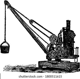 A machine used for lifting weights, worked in any of the three ways, hand, steam and hydraulic power. Consists of an upright revolving post and projecting arm, the jib with a fixed pulley