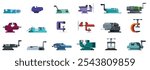Machine vice icons set. Collection of bench vises in various shapes, sizes, and colors, showcasing their utility in gripping objects securely for different tasks