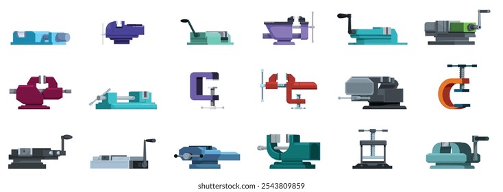 Conjunto de ícones de vício da máquina. Coleção de vises de bancada em várias formas, tamanhos e cores, mostrando sua utilidade em segurar objetos com segurança para diferentes tarefas