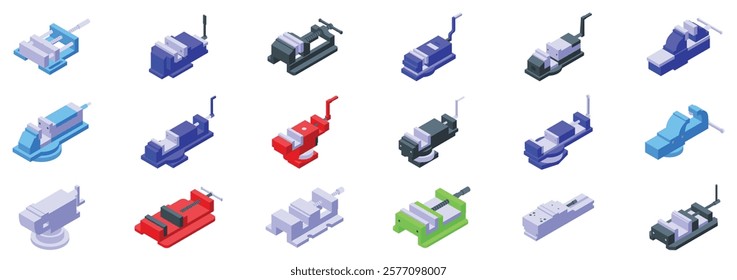  Machine vice icons set. Different vise grip tools are shown in isometric view, clamping and holding metalwork pieces