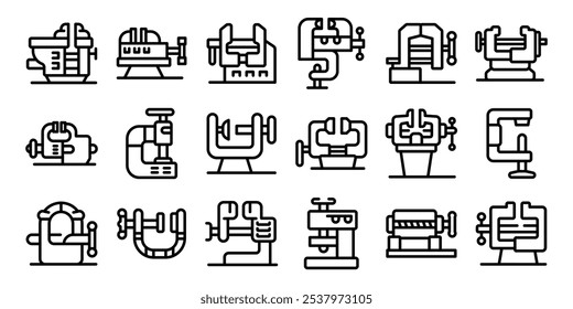 Conjunto de ícones de vício da máquina. Vise aperto ferramenta de fixação equipamento de fixação de banco grampo prensagem de máquina ícones definir estilo de contorno vetor ilustração