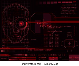 Machine vision, face recognition technology, holographic interface red color on dark background. Sci-fi retrofuturistic design. Vector 