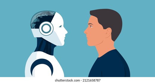 Machine Vs Human: AI Robot And Man Facing Each Other