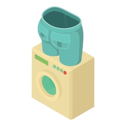Machine wash icon isometric vector. Grey cropped jeans on washing machine icon. Laundry, washing, housework