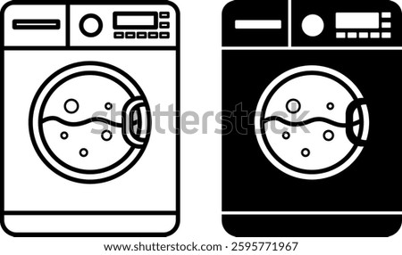 Machine Wash Icons. Black and White Vector Illustration. Washing Clothes in Washing Machine. Sticker, Label. Concept Characteristics of Material
