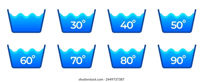 Machine wash temperature icon. Simple pictogram for washing machine, laundry care instruction for textile care. Vector isolated set. Guide or warning for clothes hygiene. cold and warm water