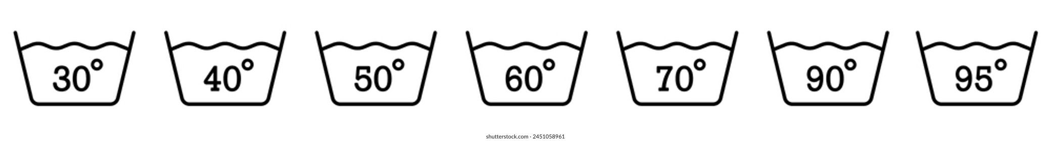 Machine wash temperature icon. Water temperature set vector sign for clothing label. Wash at 30, 40, 50, 60, 70, 80, 90 C symbol.