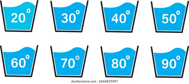 machine washing temperature icons. Water temperature illustration, Washing clothing 20, 30, 40, 50, 60, 70, 80, 90 degree celsius,Vector flat sign graphic design vactor,

