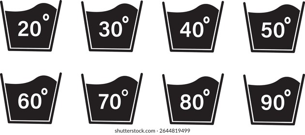 machine washing temperature icons. Water temperature illustration, Washing clothing 20, 30, 40, 50, 60, 70, 80, 90 degree celsius,Vector flat sign graphic design vactor,
